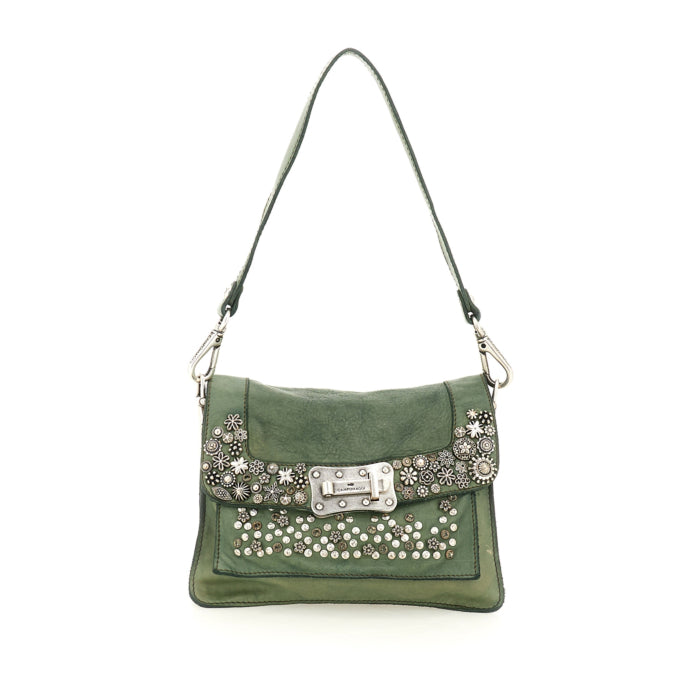 Borsa a tracolla "AGNESE" in pelle di vacchetta tinta in capo con borchie e strass