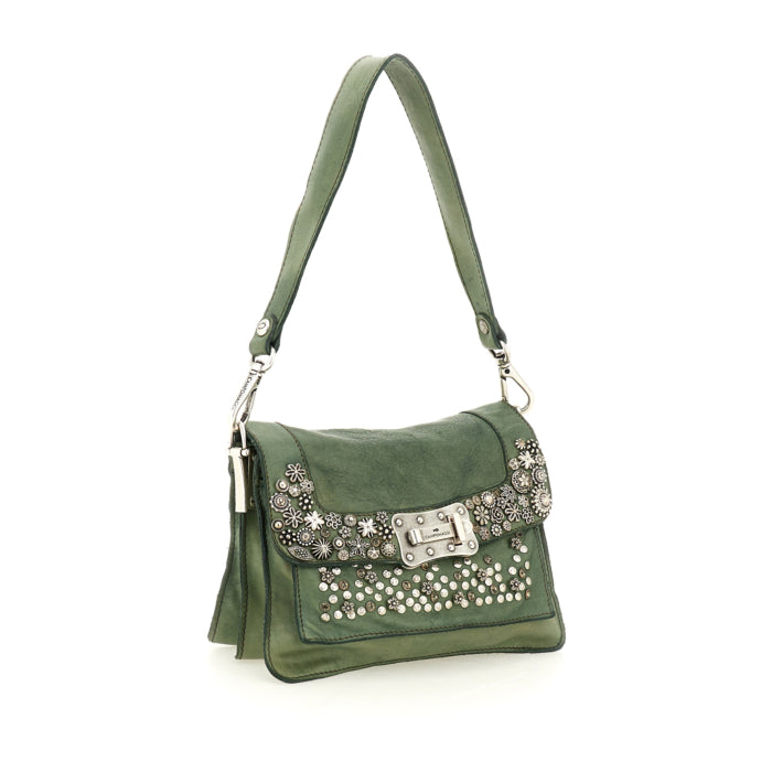Borsa a tracolla "AGNESE" in pelle di vacchetta tinta in capo con borchie e strass