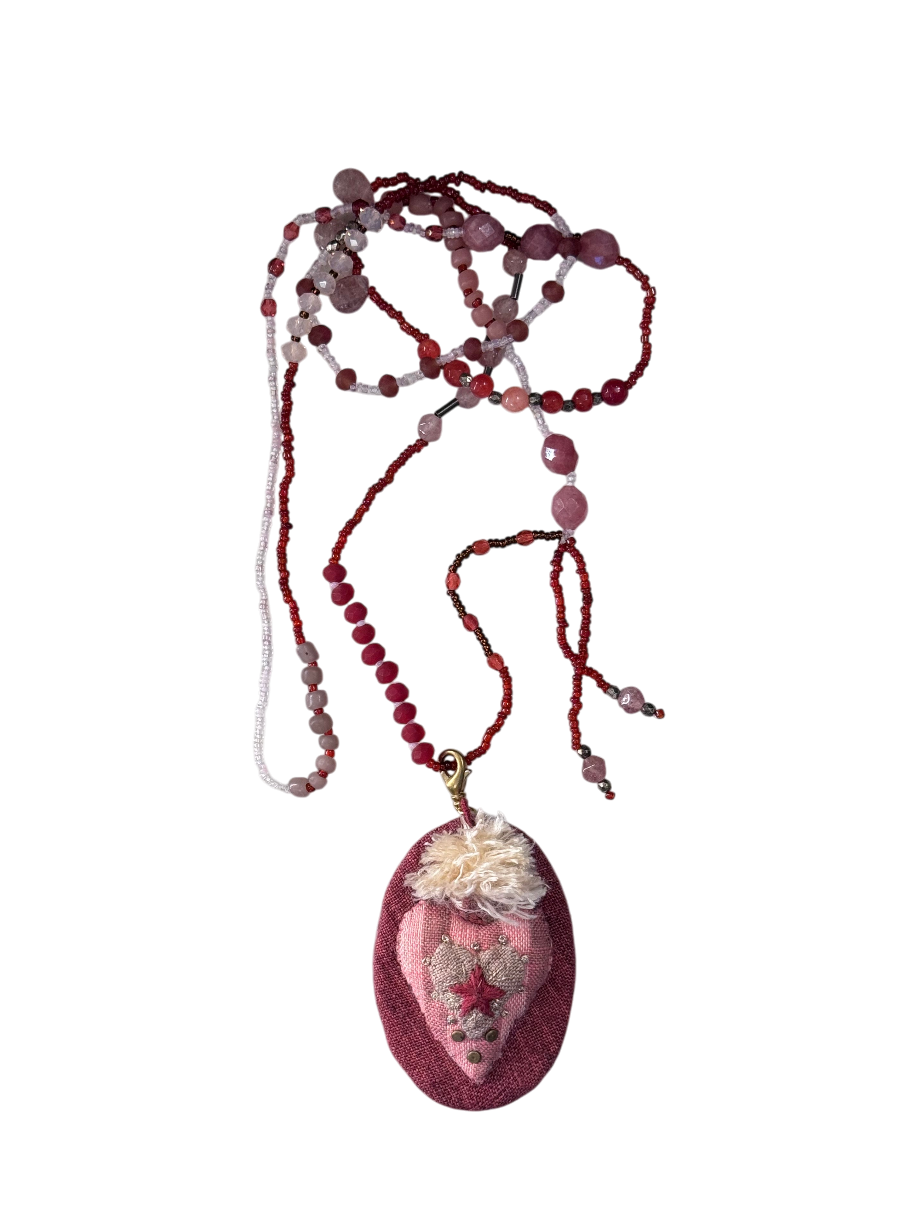 Collana lunga con ciondolo in tessuto e pietre dure