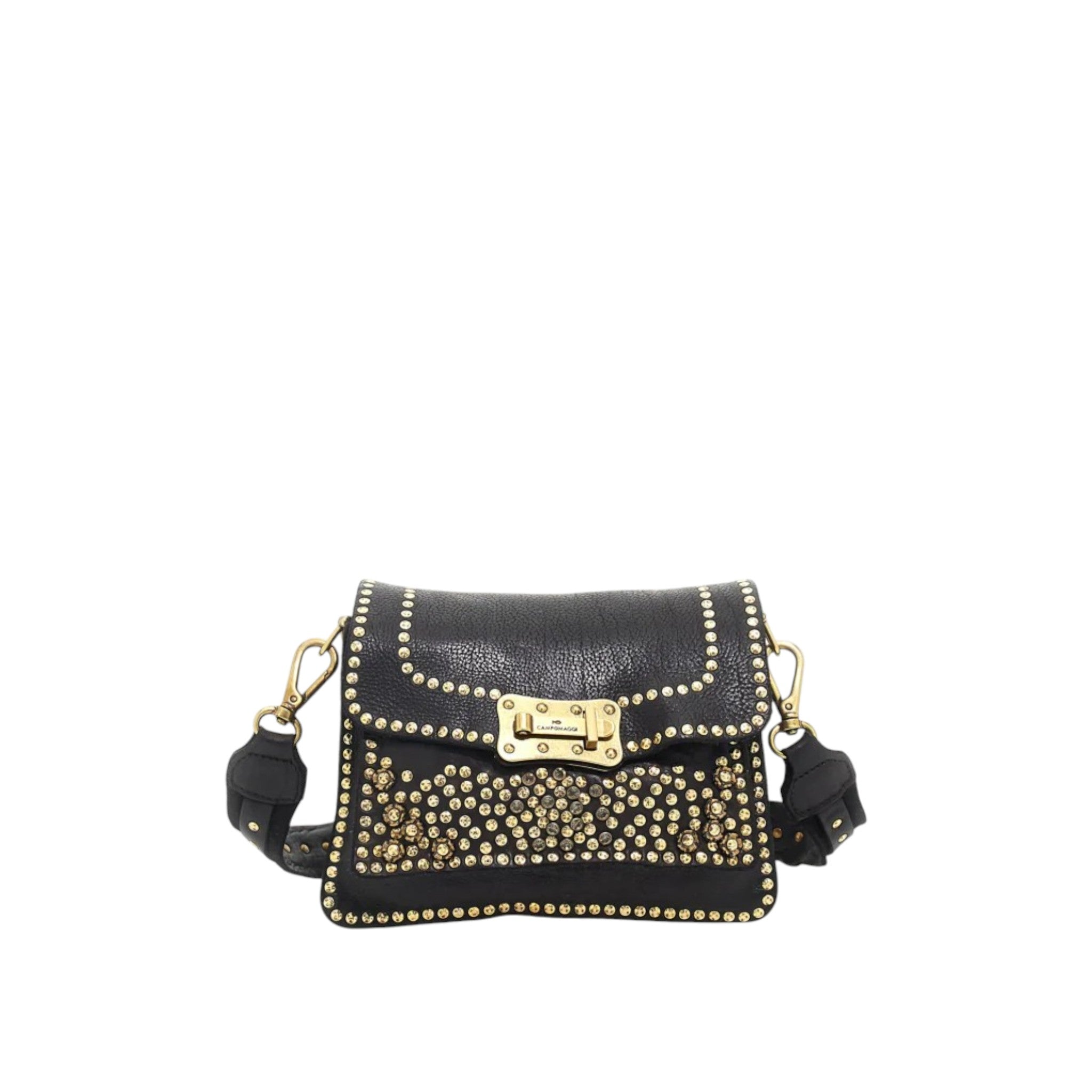 Tracollina media in pelle nera decoro borchia fiore, strass e rivetti