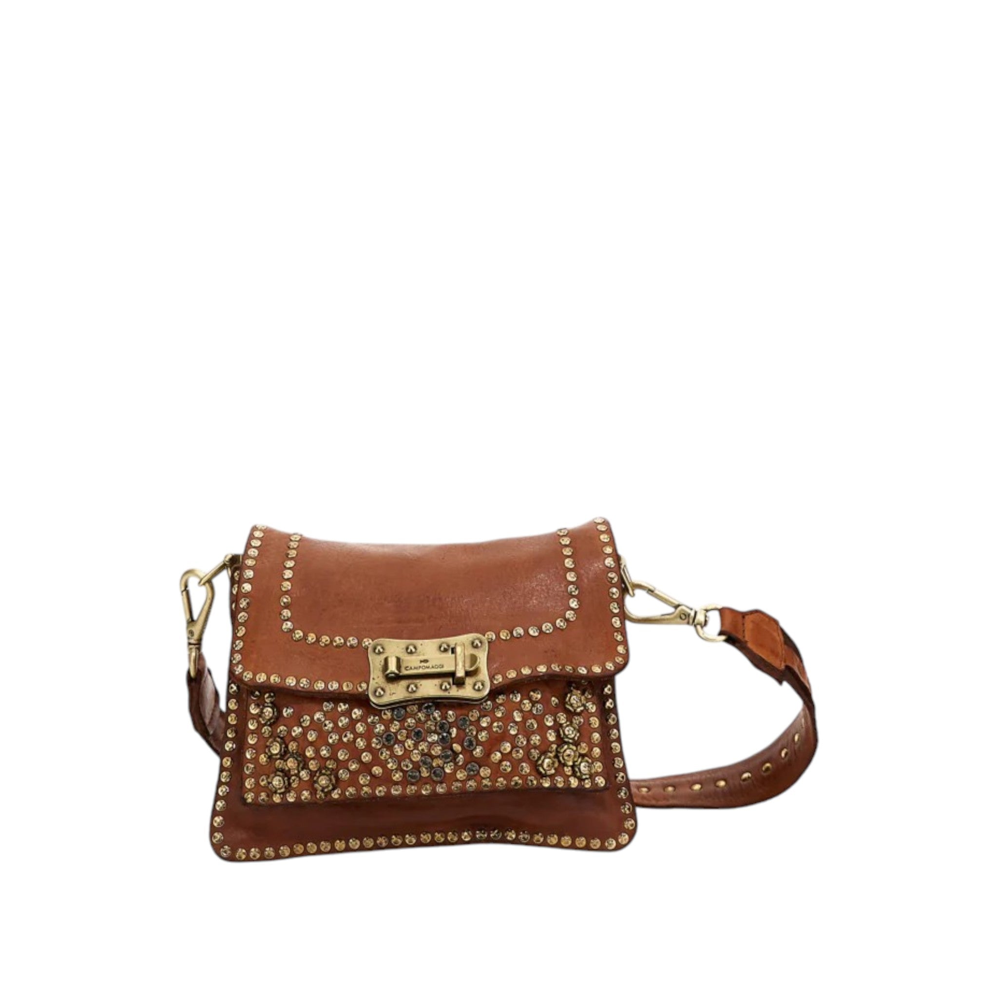 Tracollina media in pelle cognac decoro borchia fiore, strass e rivetti