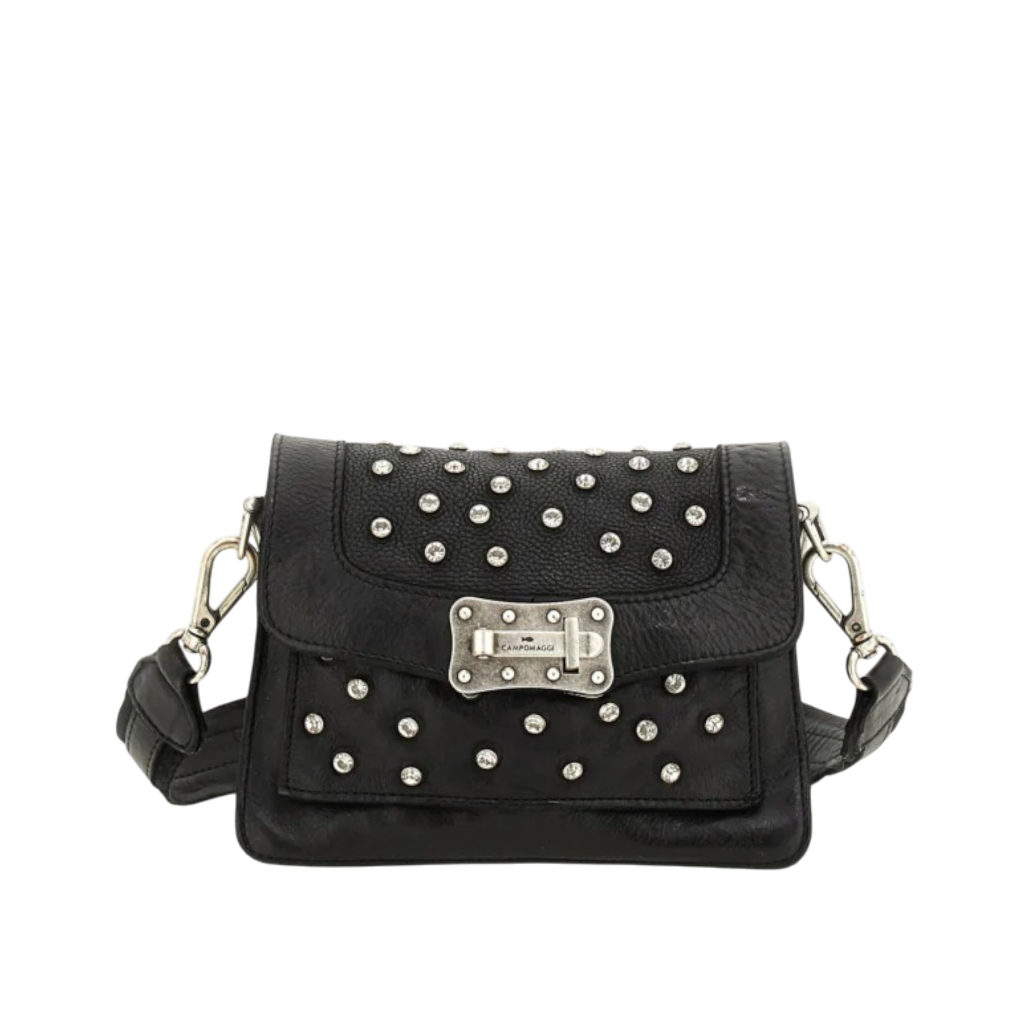 Borsa a tracolla Bella di notte in pelle di vacchetta tinta in capo di colore nero con strass