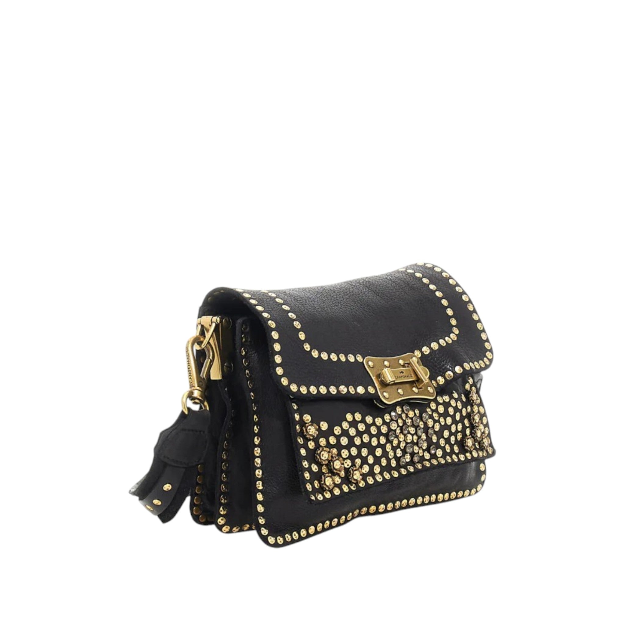 Tracollina media in pelle nera decoro borchia fiore, strass e rivetti