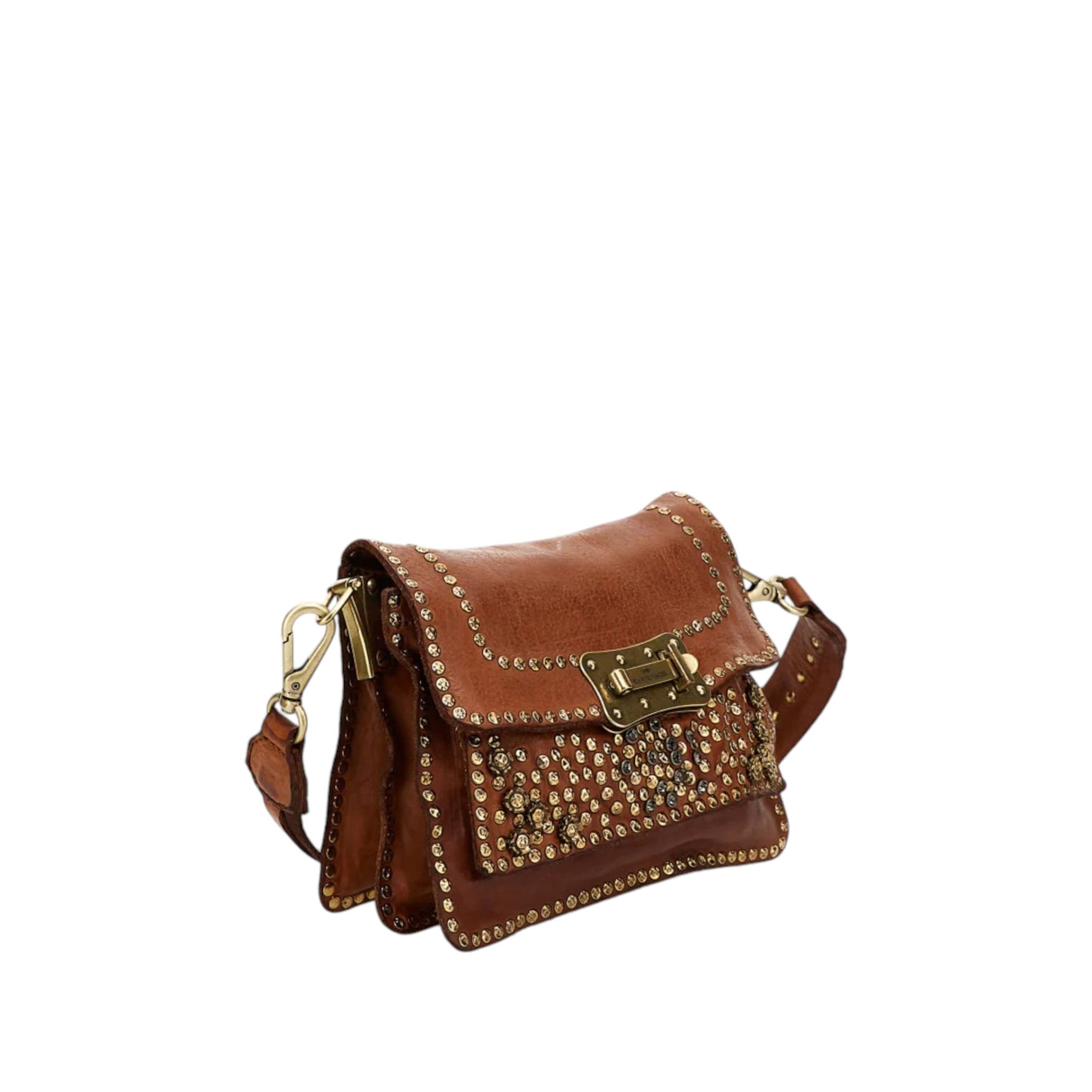 Tracollina media in pelle cognac decoro borchia fiore, strass e rivetti