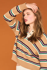 Maglia polo a righe in lana e cashmere color cammello