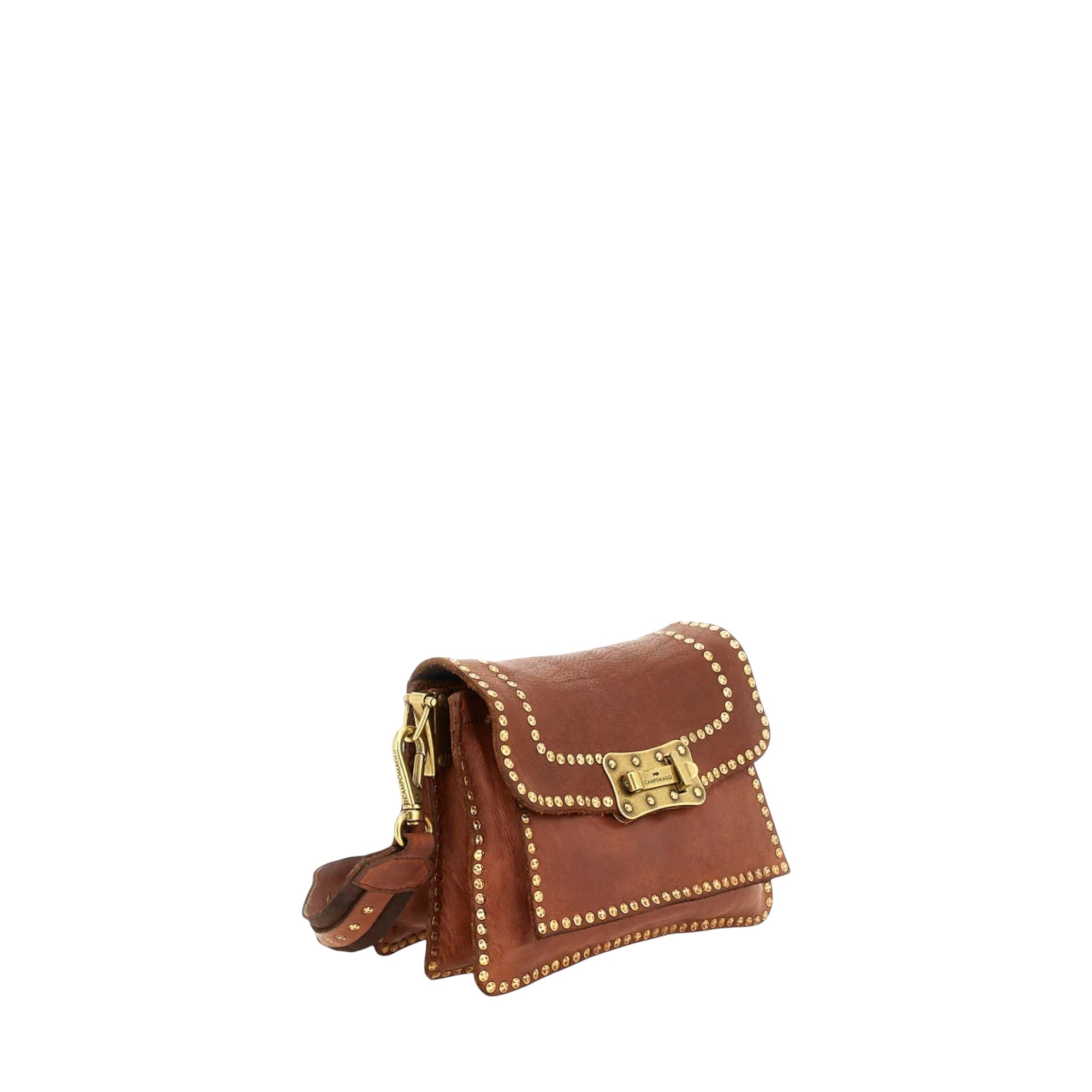 Borsa a tracolla "Agnese" Campomaggi in pelle di vacchetta tinta in capo cognac con rivetti