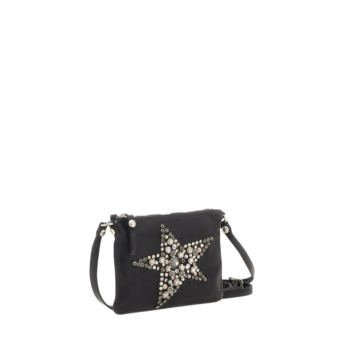 Borsa a tracolla "Stella " Campomaggi in pelle di vacchetta tinta in capo nera con decoro a stella