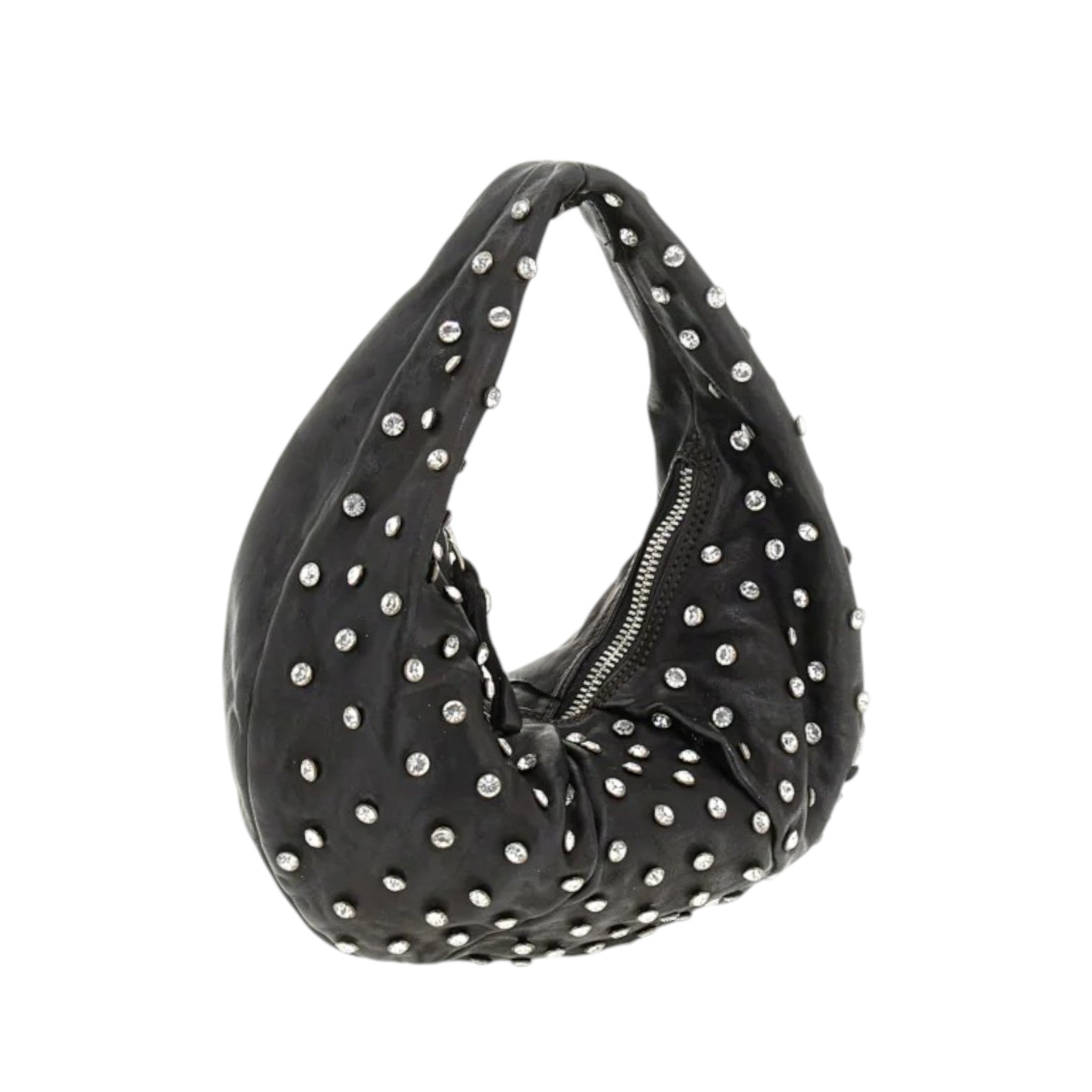 Borsa a spalla Bella di notte in pelle di vacchetta tinta in capo di colore nero con strass
