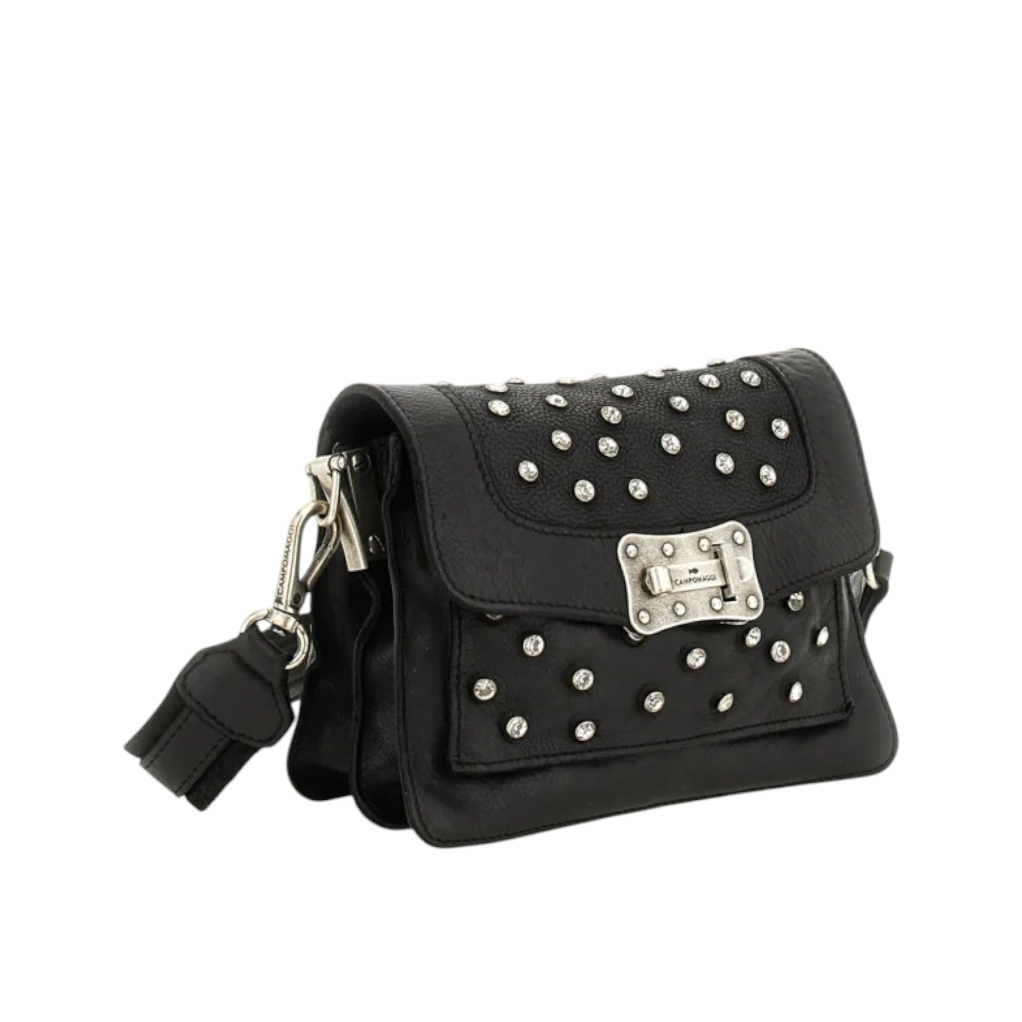 Borsa a tracolla Bella di notte in pelle di vacchetta tinta in capo di colore nero con strass