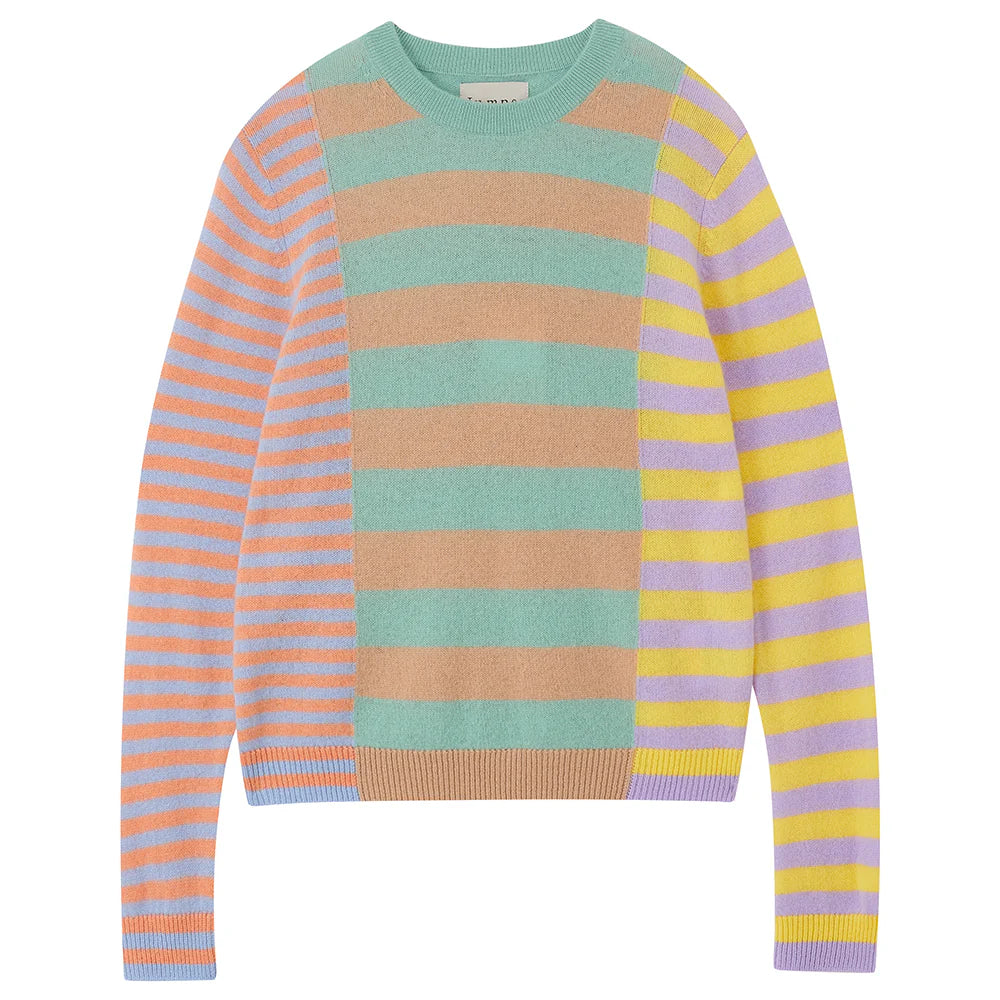 Maglia girocollo a righe multicolore in cashmere