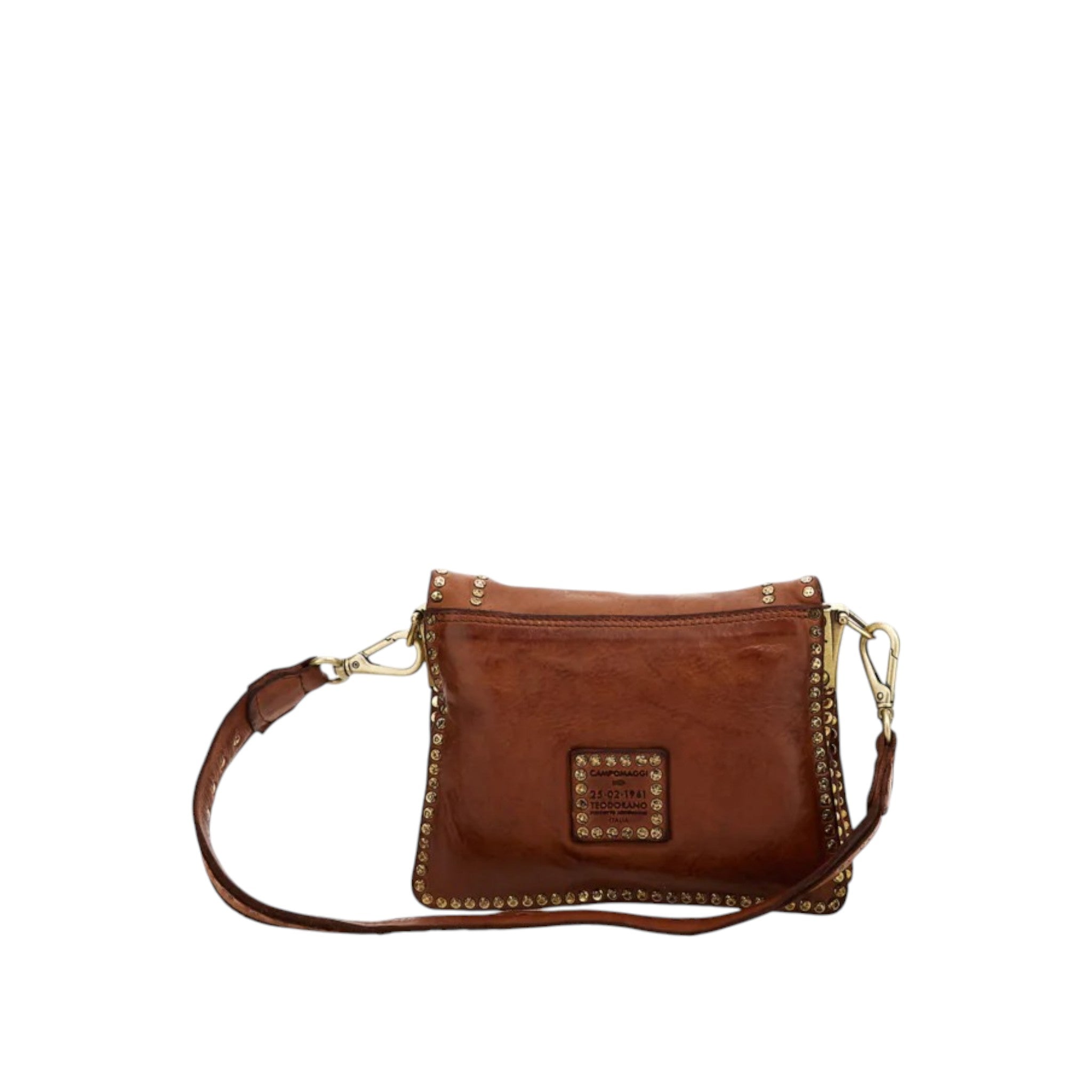 Tracollina media in pelle cognac decoro borchia fiore, strass e rivetti