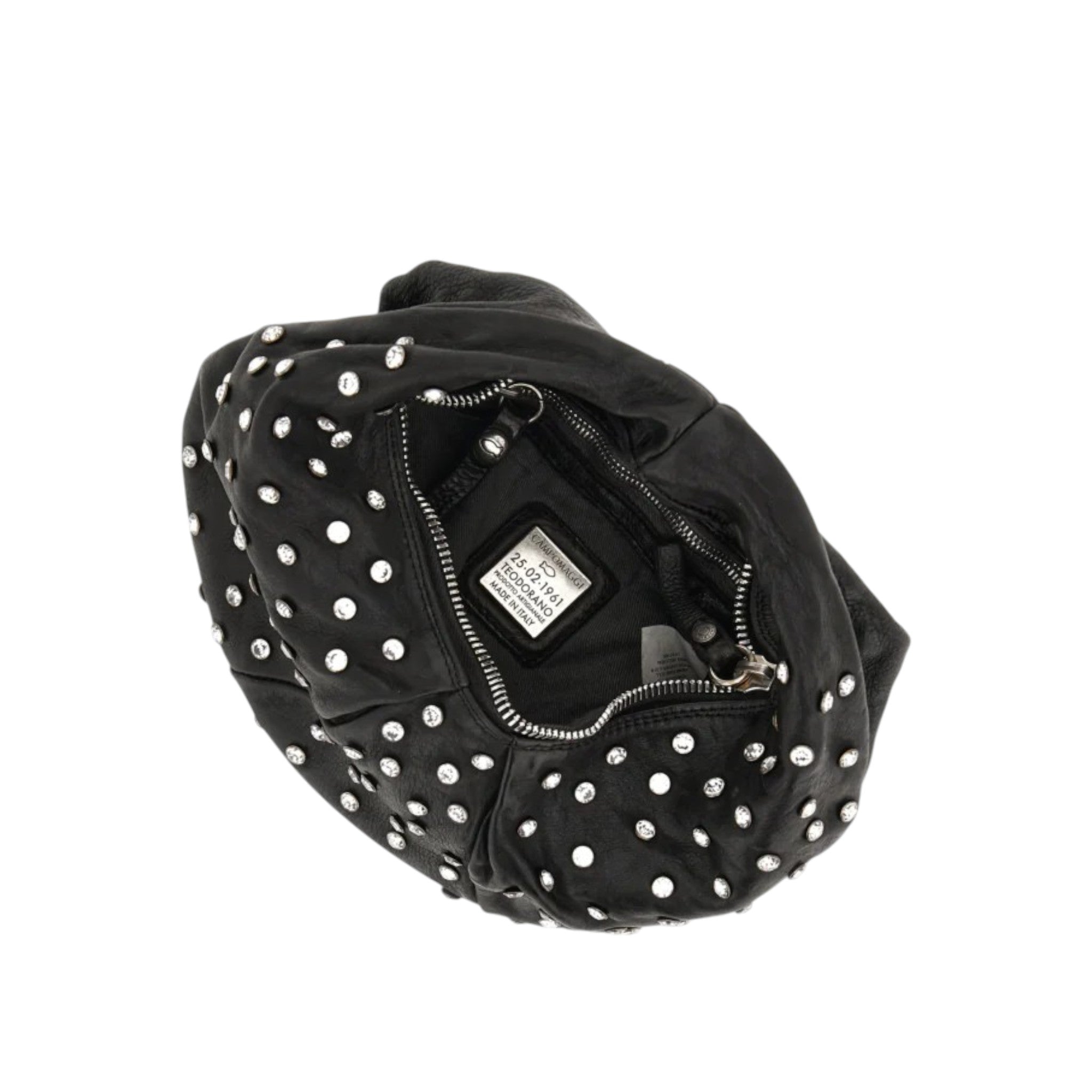 Borsa a spalla Bella di notte in pelle di vacchetta tinta in capo di colore nero con strass