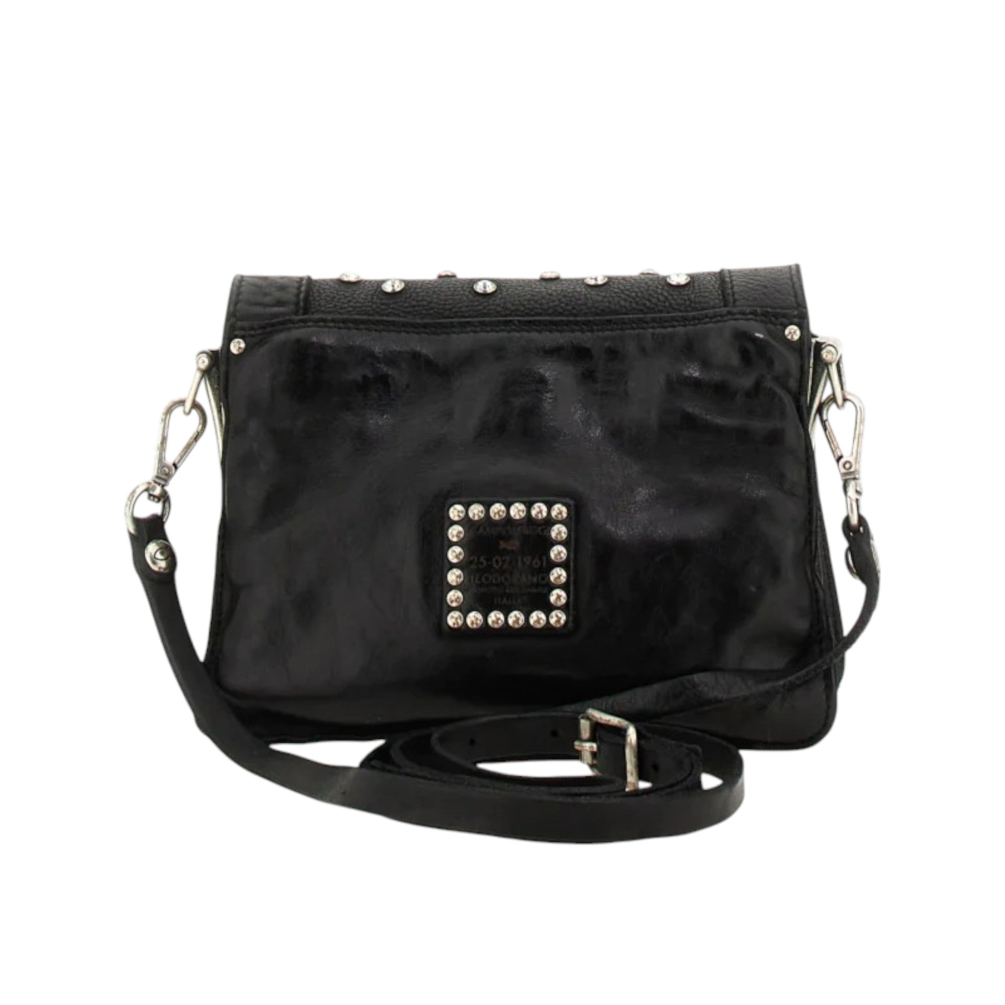 Borsa a tracolla Bella di notte in pelle di vacchetta tinta in capo di colore nero con strass