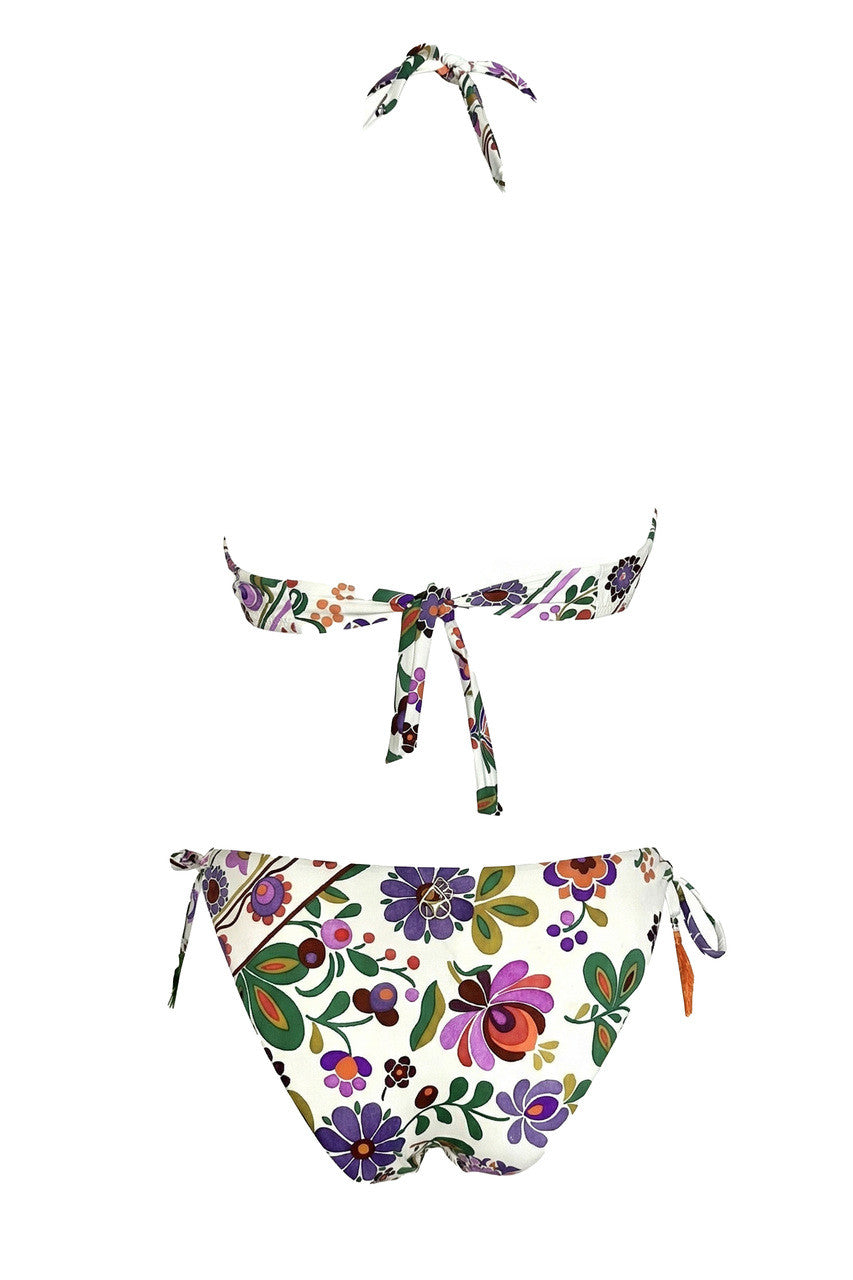 Bikini Top a Vela Floreale e Ricami in Pizzo e Slip Regular