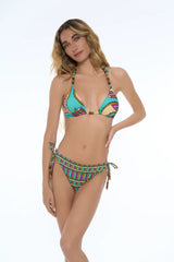 Bikini Triangolo Damascato con Pietre Colorate e Slip Regular