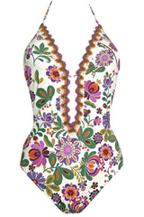 Costume Intero con Stampa Floreale e Crochet