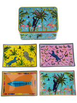 Set 4 Piattini Vetro Giungla con scatola di latta decorata