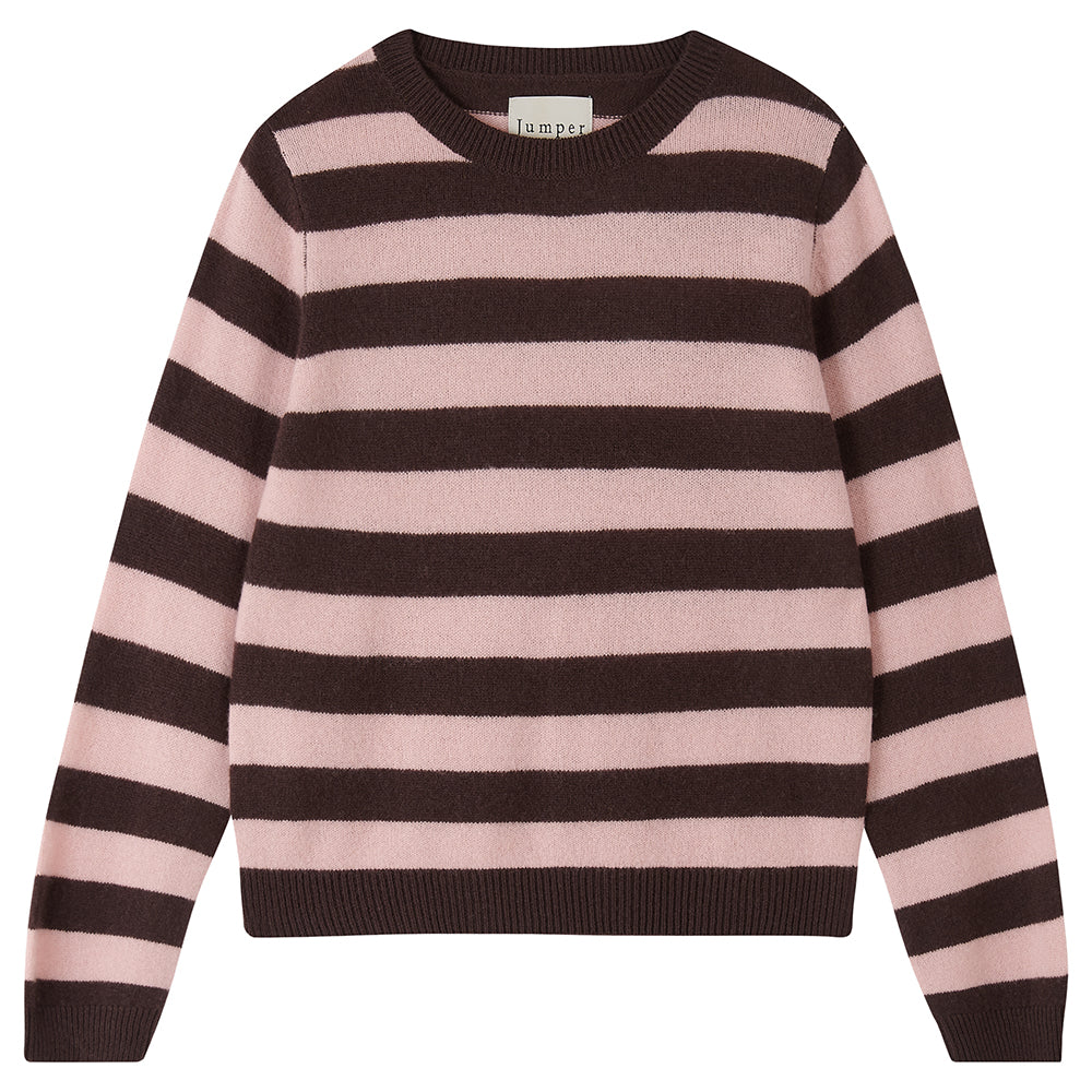 Maglia girocollo a righe in cashmere marrone scuro e rosa cipria