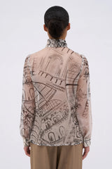 Camicia in organza di seta trasparente con stampa a