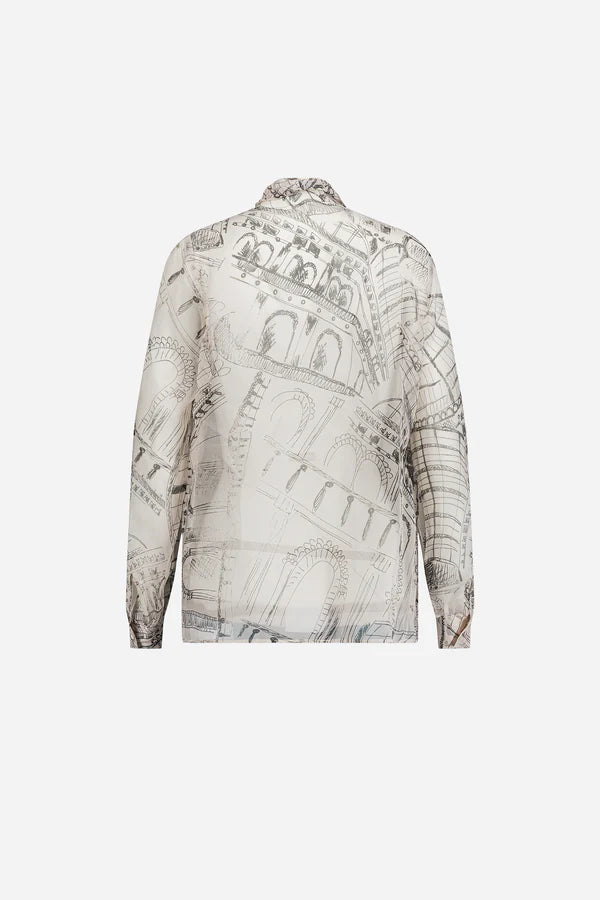 Camicia in organza di seta trasparente con stampa a