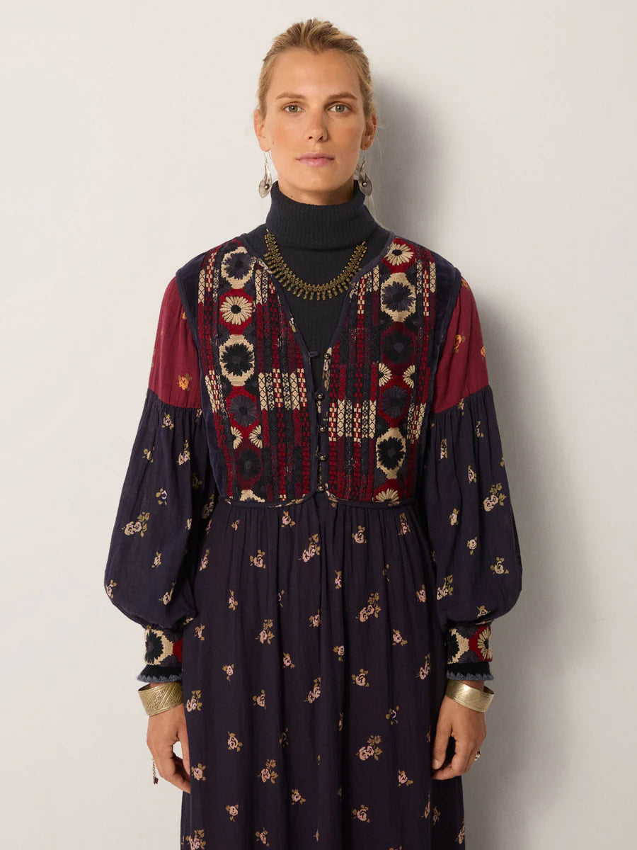 Abito lungo con corpetto in velluto