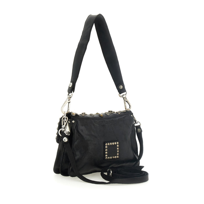 Borsa a tracolla "AGNESE" in pelle di vacchetta tinta in capo con borchie e strass