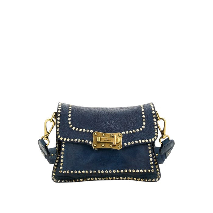 Borsa a tracolla Agnese in pelle di vacchetta tinta in capo di colore blu zaffiro con rivetti