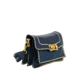 Borsa a tracolla Agnese in pelle di vacchetta tinta in capo di colore blu zaffiro con rivetti