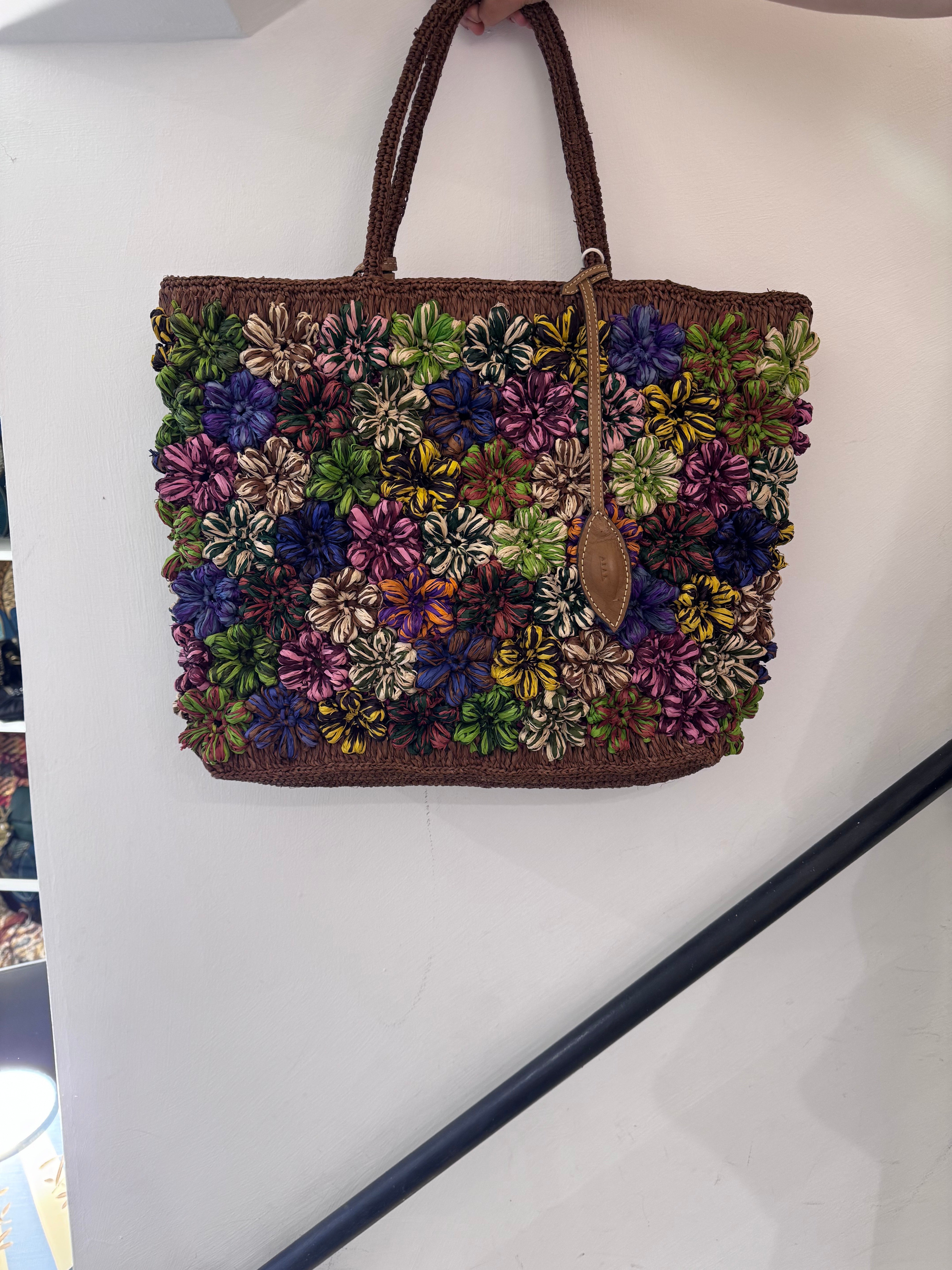 Shopper Afar in rafia naturale con ricamo floreale multicolor