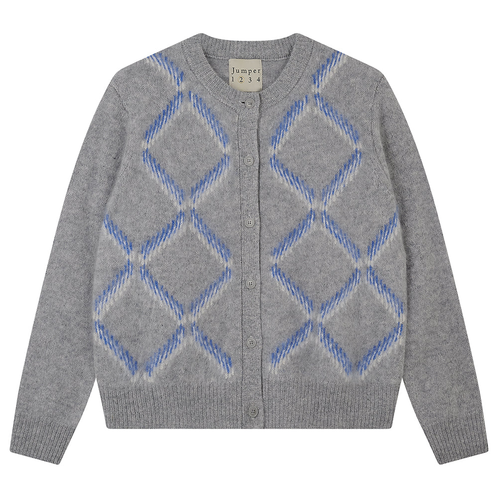 Cardigan in cashmere spazzolato con motivo a rombi, colore grigio medio