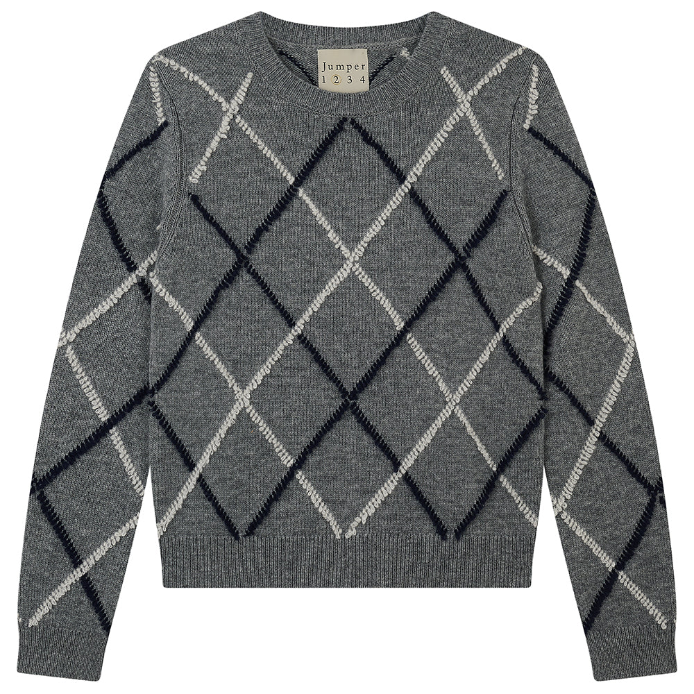 Maglia girocollo in cashmere e lana con motivo a rombi, colore grigio medio.