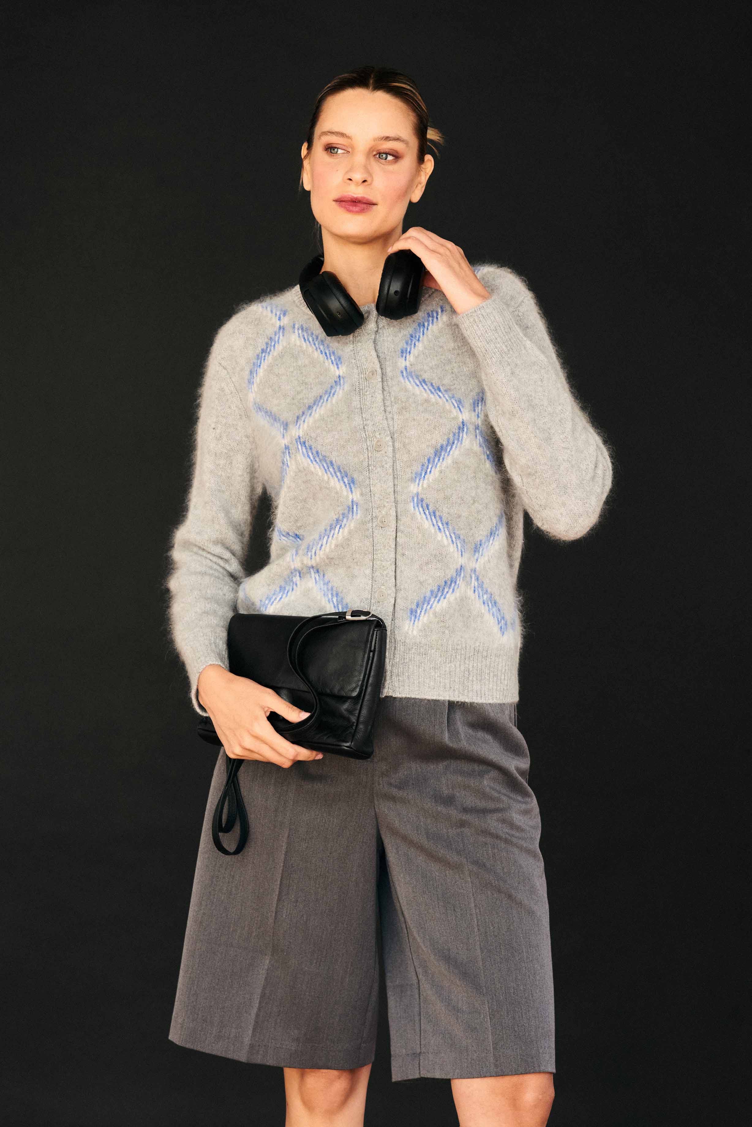 Cardigan in cashmere spazzolato con motivo a rombi, colore grigio medio