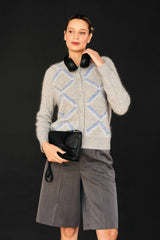 Cardigan in cashmere spazzolato con motivo a rombi, colore grigio medio