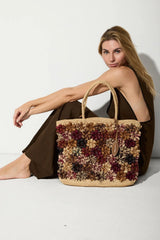 Shopper Afar in rafia naturale con ricamo floreale multicolor